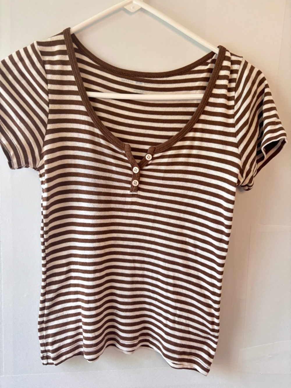 Brandy Melville Brown & White Striped Short Sleeve Scoop Henley Coquette